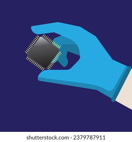 Vector flat style researcher or technical holding central computer processor chip on hand, micro processor technology hardware develop, electronic processing, motherboard digital chip concept
