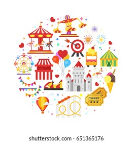 Vector flat style round composition of amusement park symbols. Isolated on white background.