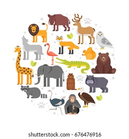 Vector flat style round composition of zoo animals icons. Isolated on white background.