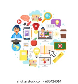 Vector flat style round composition of online education and e-learning symbols. Isolated on white background.