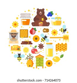 Vector flat style round composition of honey and apiary icons. Isolated on white background.