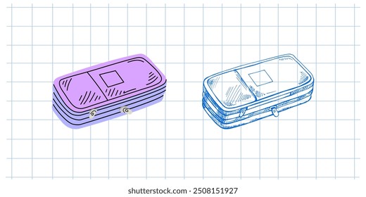 Vector  flat style  school and office supplies Illustration.  School pencil case illustration. Back to School. School essential illustration.	