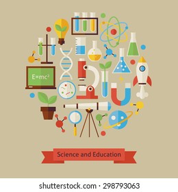 Vector Flat Style Science and Education Objects Concept. Flat Design Vector Illustration. Collection of Chemistry Biology Astronomy Physics and Research Colorful Objects. Set of Back to School Items. 