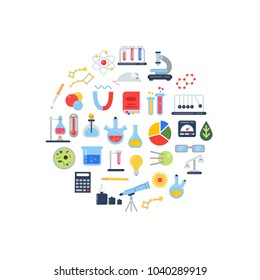 Vector flat style science elements color icons set circle illustration