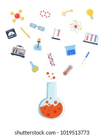 Vector flat style science icons flying above vial concept illustration