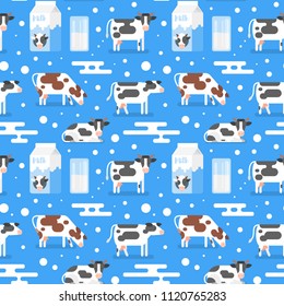 Vector flat style seamless pattern with gazing cow, milk package and glass. Blue background.