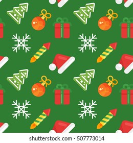 Vector flat style seamless pattern with New 2017 Year icons on green background.