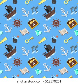 Vector flat style seamless pattern with pirate ship, treasure chest, map and key. Isolated on blue background.