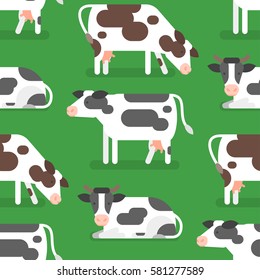 Vector flat style seamless pattern with cow. Icon for web. Isolated on green background.