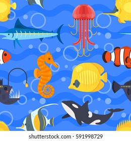 Vector flat style seamless pattern with exotic fish. Icon for web. Isolated on blue background. Children's wallpaper.