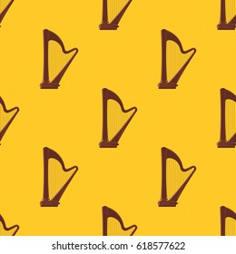 Vector flat style seamless pattern with antique musical instrument harp on yellow background.