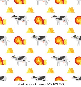 Vector flat style seamless pattern with cheese and cow on white background.