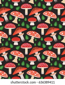 Vector flat  style seamless pattern with forest folk mushrooms. Ornamental, traditional,  seamless pattern with forest berries and mushroom, strawberries, deep, blueberries, cranberries. 