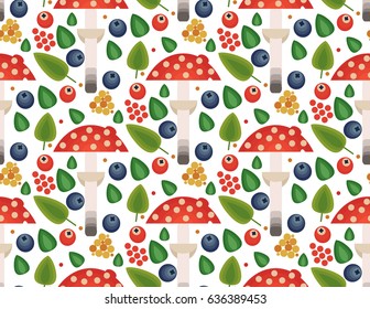 Vector flat  style seamless pattern with forest folk mushrooms. Ornamental, traditional,  seamless pattern with forest berries and mushroom, strawberries, deep, blueberries, cranberries. 
