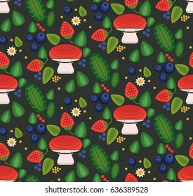 Vector flat  style seamless pattern with forest folk mushrooms. Ornamental, traditional,  seamless pattern with forest berries and mushroom, strawberries, deep, blueberries, cranberries. 