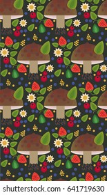 Vector flat style seamless pattern with forest mushrooms. Ornamental, traditional, seamless pattern with forest berries and mushroom, deep, blueberries, mountain ash,  leaf, acorn