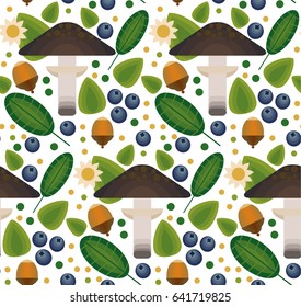 Vector flat style seamless pattern with forest mushrooms. Ornamental, traditional, seamless pattern with forest berries and mushroom, deep, blueberries, mountain ash,  leaf, acorn