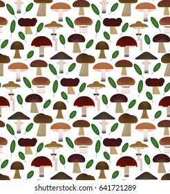 Vector flat style seamless pattern with forest mushrooms. Ornamental, traditional, seamless pattern with forest  mushroom and leaf.