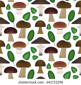 Vector flat style seamless pattern with forest mushrooms. Ornamental, traditional, seamless pattern with forest  mushroom and leaf.
