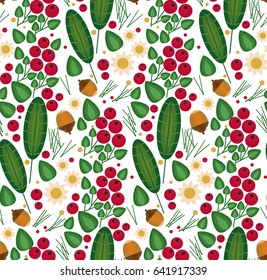 Vector flat style seamless pattern with forest folk berries. Ornamental, traditional, simple seamless pattern with forest berries, deep, blueberries, flowers, leaf, acorn.