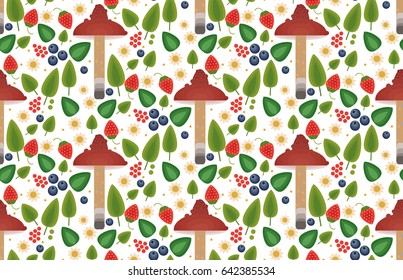 Vector flat style seamless pattern with forest mushrooms. Ornamental, traditional, seamless pattern with forest berries and mushroom, strawberries, deep, blueberries, cranberries, leaf, acorn