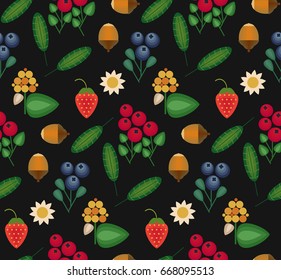 Vector flat style seamless pattern with forest folk berries. Ornamental, traditional, simple seamless pattern with forest berries, deep, blueberries, flowers, leaf, acorn.