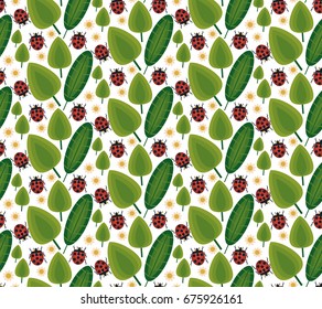 Vector flat style seamless pattern with forest ladybird. Ornamental, traditional, seamless pattern with , ladybird. Forest biology nature pattern.