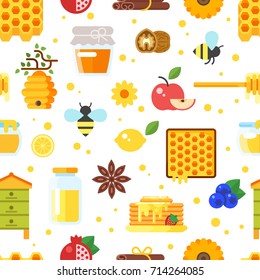 Vector flat style seamless pattern with honey and beekeeping icons on white background.