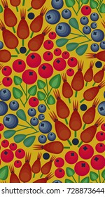 Vector flat style seamless pattern with forest folk berries. Ornamental, traditional, simple seamless pattern with forest berries cloud berry and leaf. Forest pattern vector.