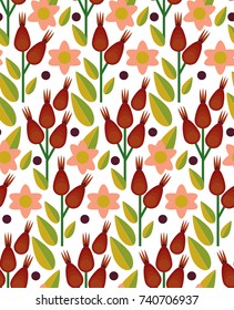 Vector flat style seamless pattern with forest folk berries. Ornamental, traditional, simple seamless pattern with forest berries cloud berry and leaf. Forest pattern vector.