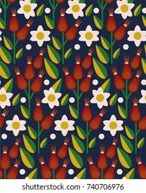 Vector flat style seamless pattern with forest folk berries. Ornamental, traditional, simple seamless pattern with forest berries cloud berry and leaf. Forest pattern vector.