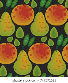Vector flat style seamless pattern illustration with forest folk pear and apple. Ornamental, traditional, simple seamless pattern with forest fruit and leaf. Forest pattern vector.