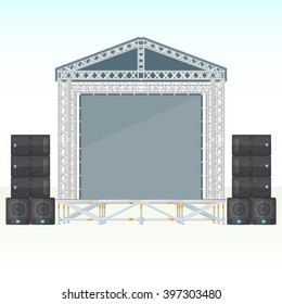 vector flat style sectional precast concert metal roofed stage with satellite subwoofers loud speakers system isolated light outdoor empty banner background
