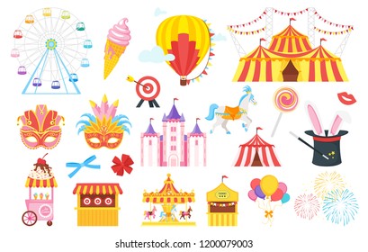 Vector flat style set of amusement park and carnival fun symbols: masquerade mask, Ferris wheel, carousel. Isolated on white background. Funfair theme icon for web.
