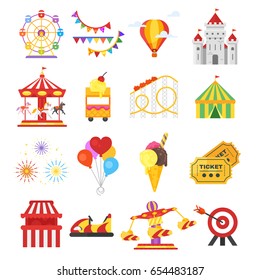 Vector flat style set of amusement park fun icons. Isolated on white background. Icon for web. 