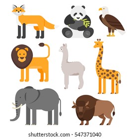 Vector flat style set of animals. Lion, panda, fox, elephant. Icon for web. Isolated on white background. 