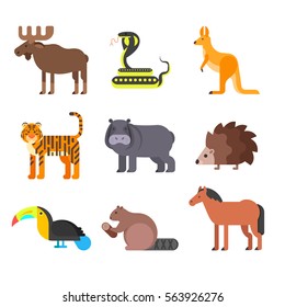 Vector flat style set of animals. Hedgehog, tiger, snake. Icon for web. Isolated on white background.