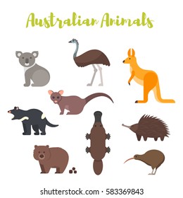 Vector flat style set of Australian animals. Icon for web. Isolated on white background.