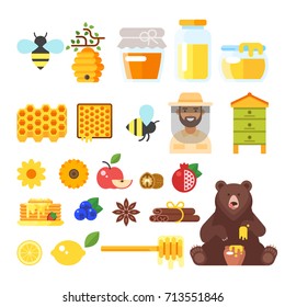 Vector flat style set of beekeeping and honey icons. Isolated on white background.