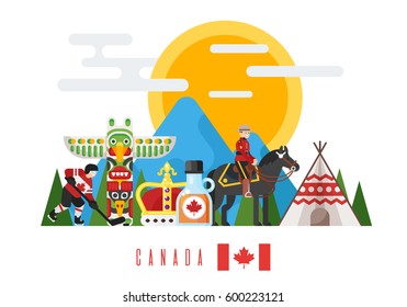 Vector flat style set of Canadian national cultural symbols. Template for banner or poster for tourist. Isolated on white background.