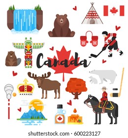 Vector flat style set of Canadian national cultural symbols. Icon for web. Isolated on white background.