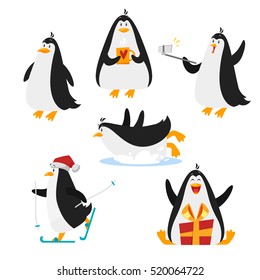 Vector flat style set of christmas penguin. Isolated on white background. Holiday greeting card template.