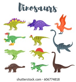 Vector flat style set of colorful prehistoric dinosaurs. Isolated on white background.