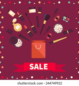 Vector flat style set of cosmetics sale. Flat icon of cosmetics product. Vector flat design of make up. Vector flat design of make up procedure. Make up. Make up elements. Make up vector details. 