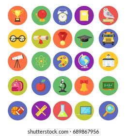 Vector flat style set of education and school icons in colorful circles. Isolated on white background.