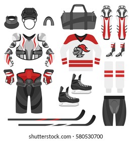 Vector flat style set of hockey equipment. Icon for web. Isolated on white background.