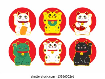 Vector flat style set of Japanese Lucky Cat Maneki Neko. Icon for web. Isolated on white background.