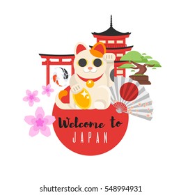 Vector flat style set of Japanese traditional objects. Icon for web. Isolated on white background.