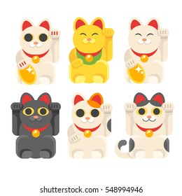 Vector flat style set of Japanese Lucky Cat Maneki Neko. Icon for web. Isolated on white background.