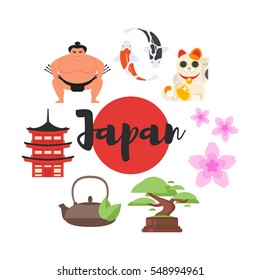Vector flat style set of Japanese traditional objects. Icon for web. Isolated on white background.